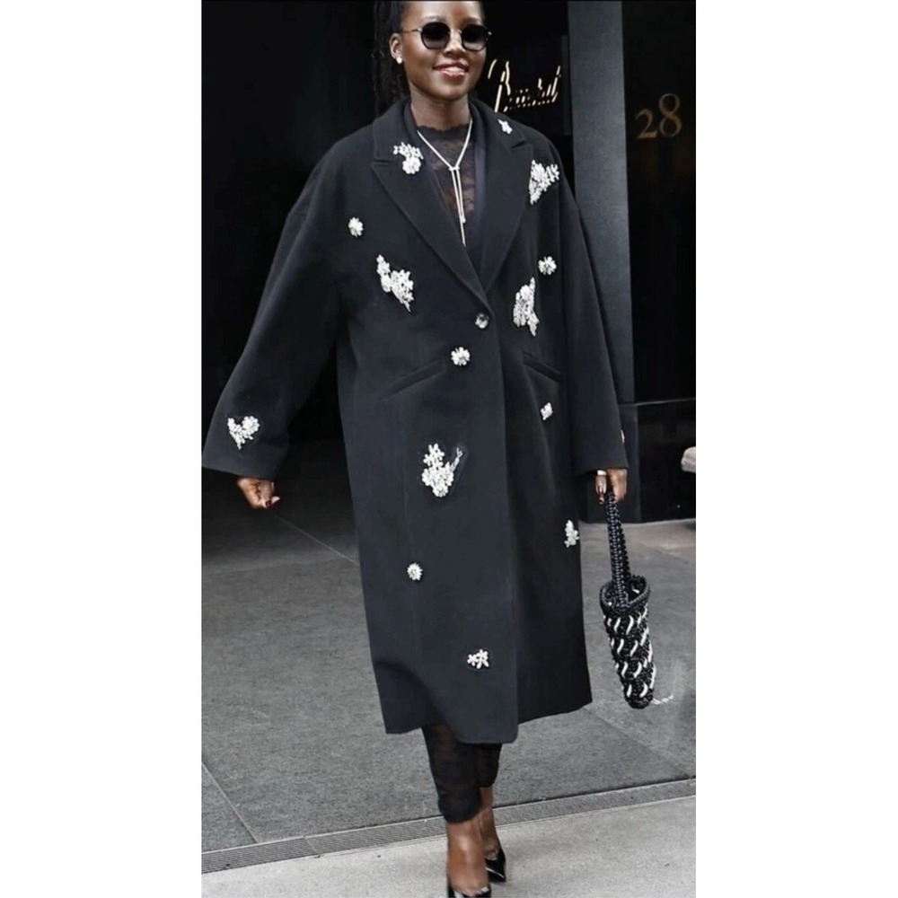 $795 Cinq A Sept Gravis Crystal Ivy Embellished Long Coat Black ICON Sz SM NWT